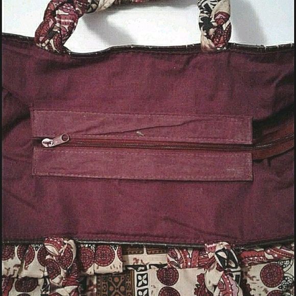 Beige & Crimson Red Boho Print Large Beach Weekend Tote Bag - Picture 7 of 10